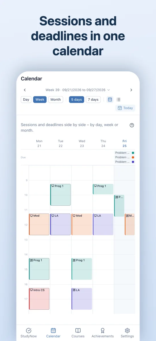 Week view of the calendar with sessions and deadlines
