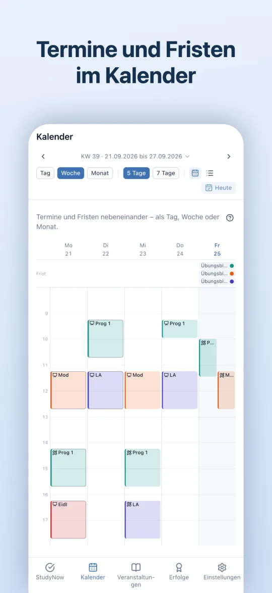 Wochenansicht des Kalenders mit Terminen und Fristen