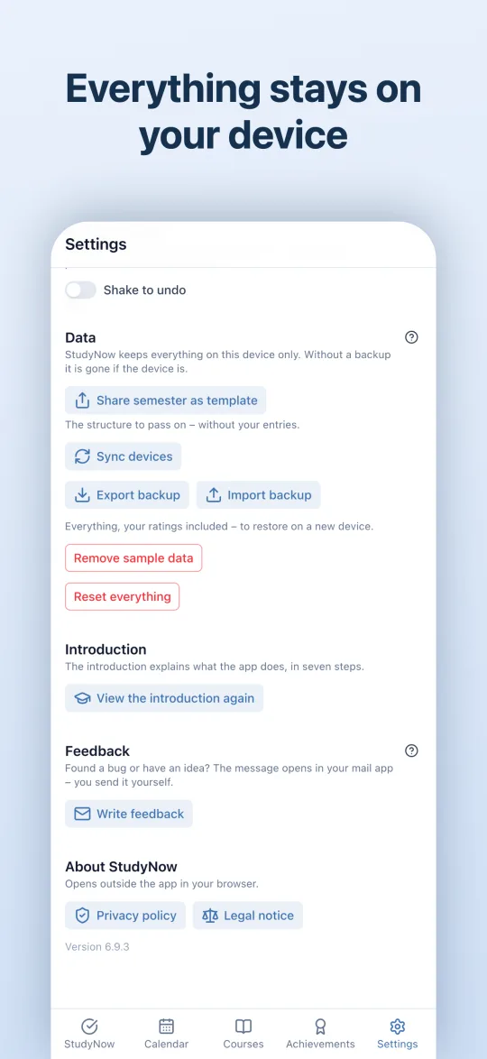 Settings: data stays on the device