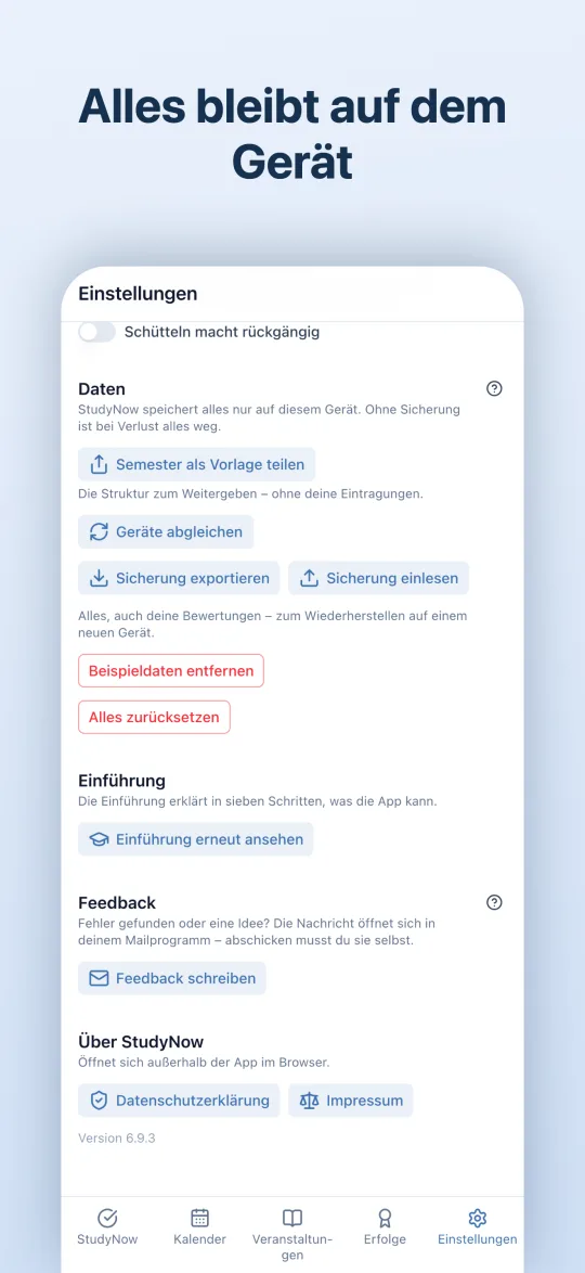 Einstellungen: Daten bleiben auf dem Gerät