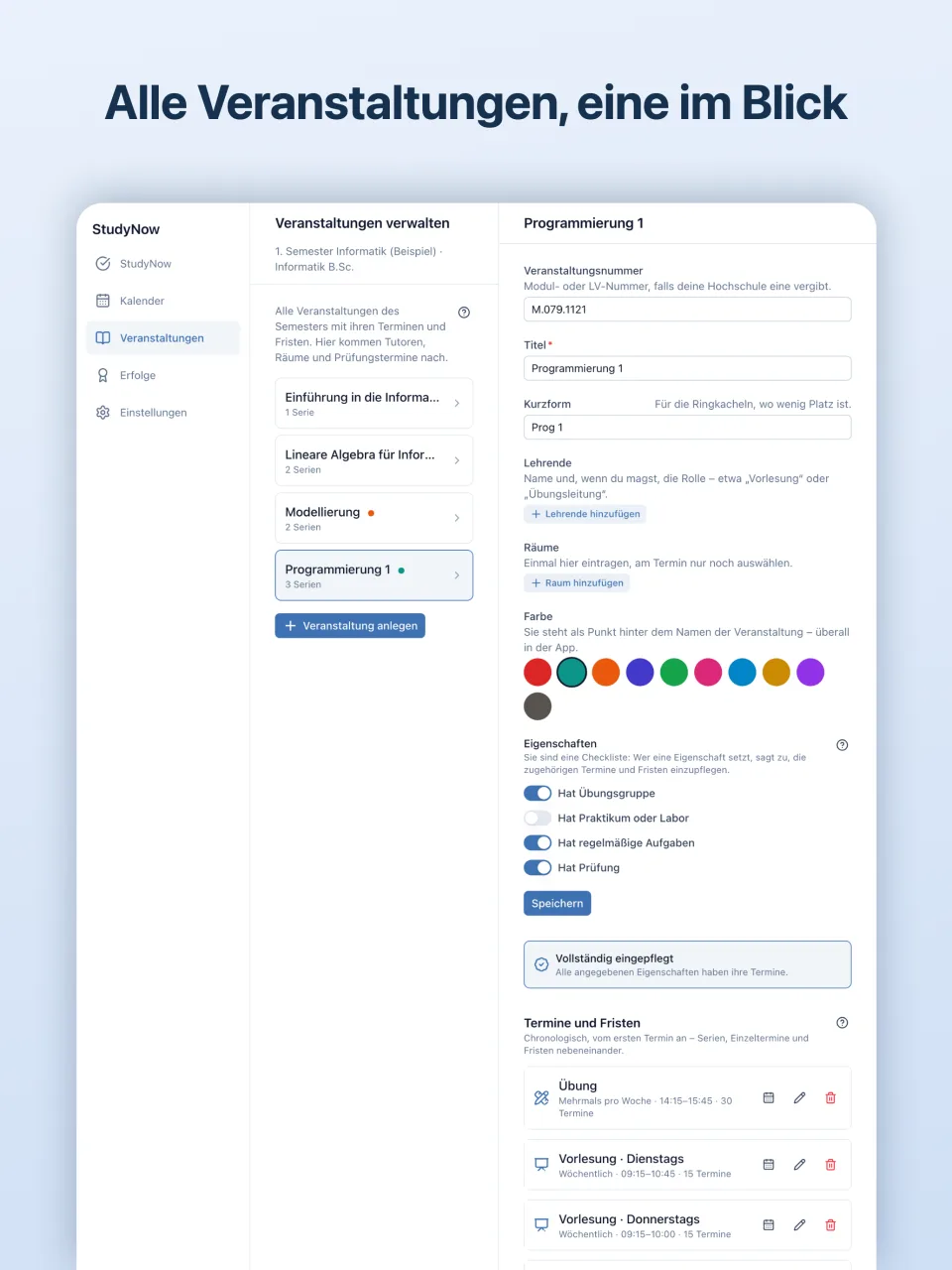 StudyNow auf dem iPad: links die Liste der Veranstaltungen, rechts die gewählte Veranstaltung