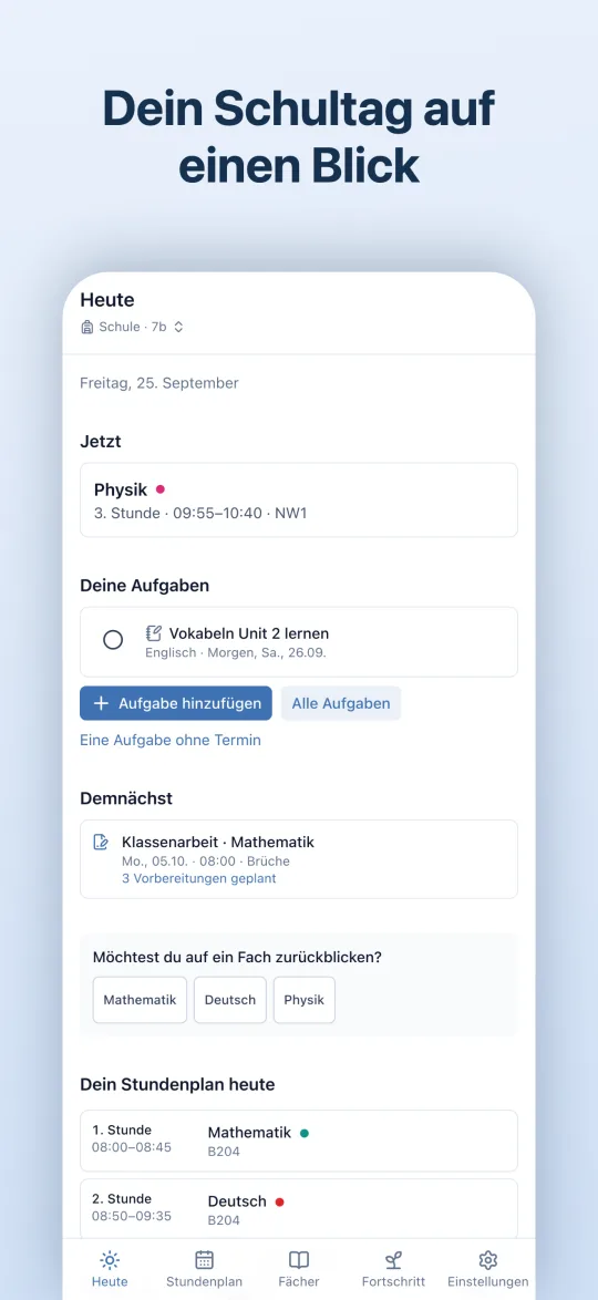 Heute der Klasse 7b: nächste Stunde, Aufgaben, was demnächst ansteht
