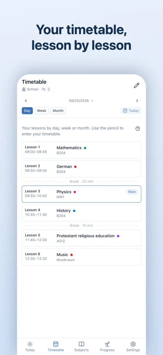 A day’s timetable with a double lesson and breaks