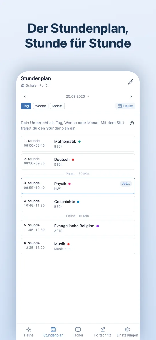 Stundenplan eines Tages mit Doppelstunde und Pausen
