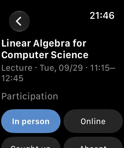 StudyNow on Apple Watch: rating a session with attendance