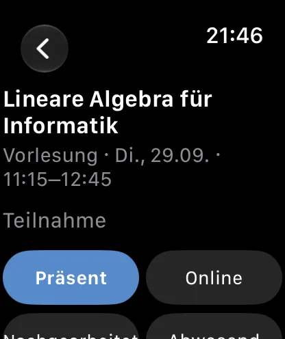 StudyNow auf der Apple Watch: die Bewertung eines Termins mit der Teilnahme