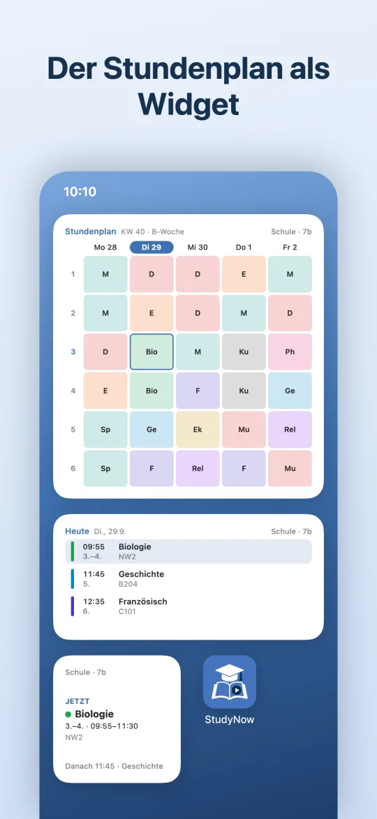 Der Stundenplan als Widget auf dem Home-Bildschirm: die Woche, der Tag und die nächste Stunde